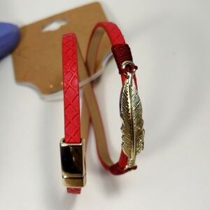 Women's Stunning Silver tone Feather, Red Leather Wrap Bracelet w/ Magnetic lock